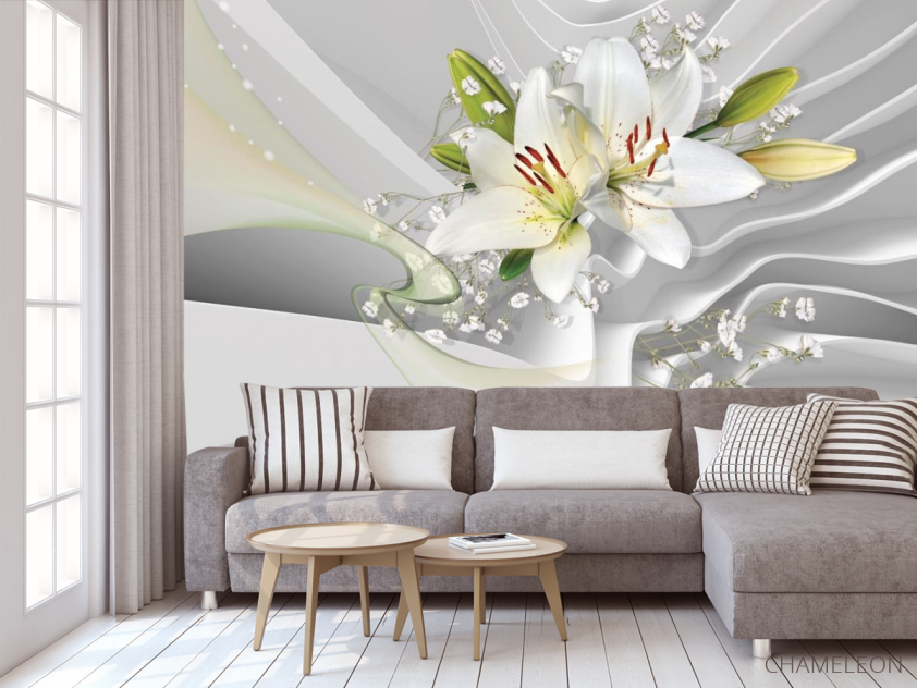 Фотообои белые лилии на фоне белых волн - 3