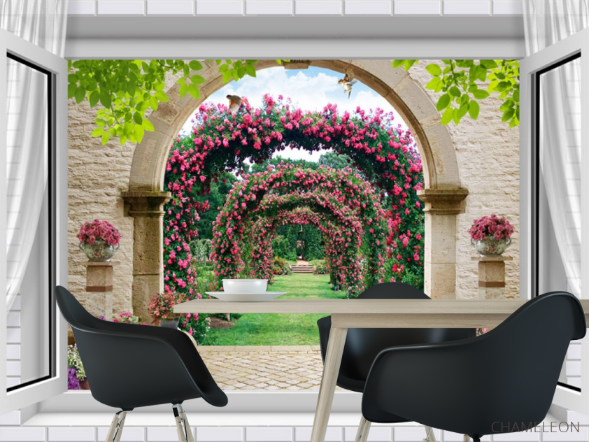 Фотошпалери Вид з вікна на сад з трояндами - 1