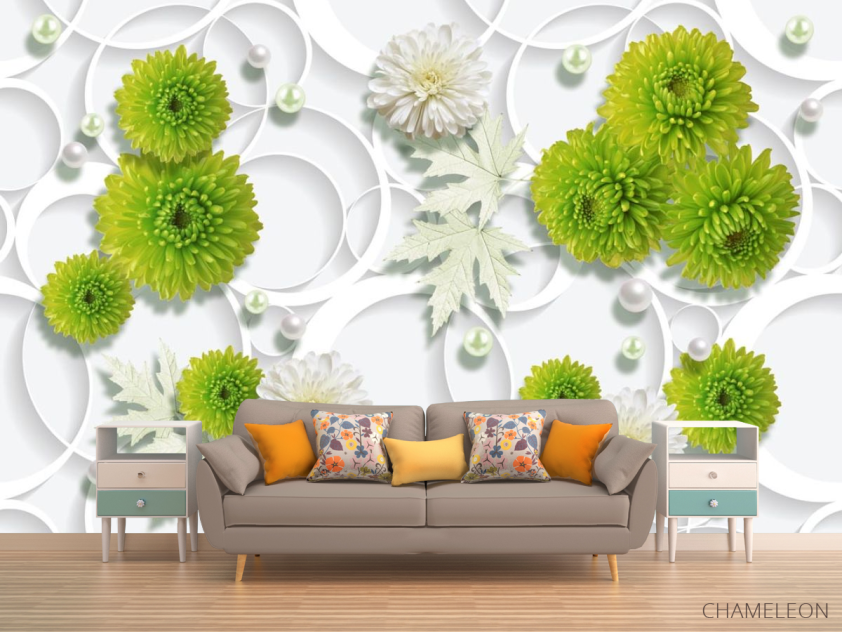 Фотообои зеленые цветы на фоне белых кругов - 1