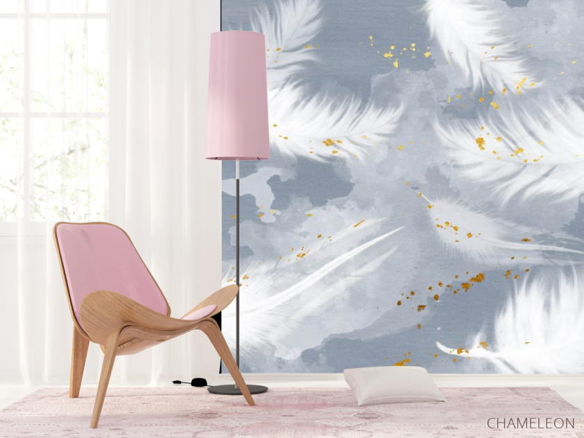 Фотошпалери Пір'я на блакитному з золотом - 4