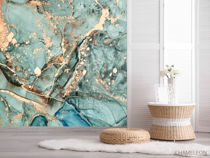 Фотошпалери Бірюзовий флюїд з золотом - 2