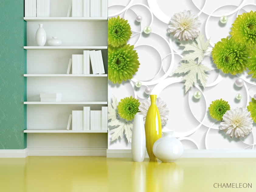 Фотошпалери зелені квіти на тлі білих кіл - 3