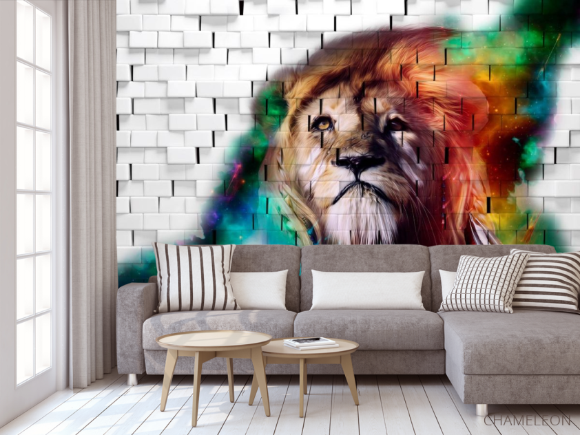 Фотообои 3д лев на фоне кирпичной стены - 3