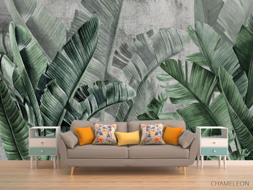 Фотообои Зеленые тропические листья на фоне бетона. - 1