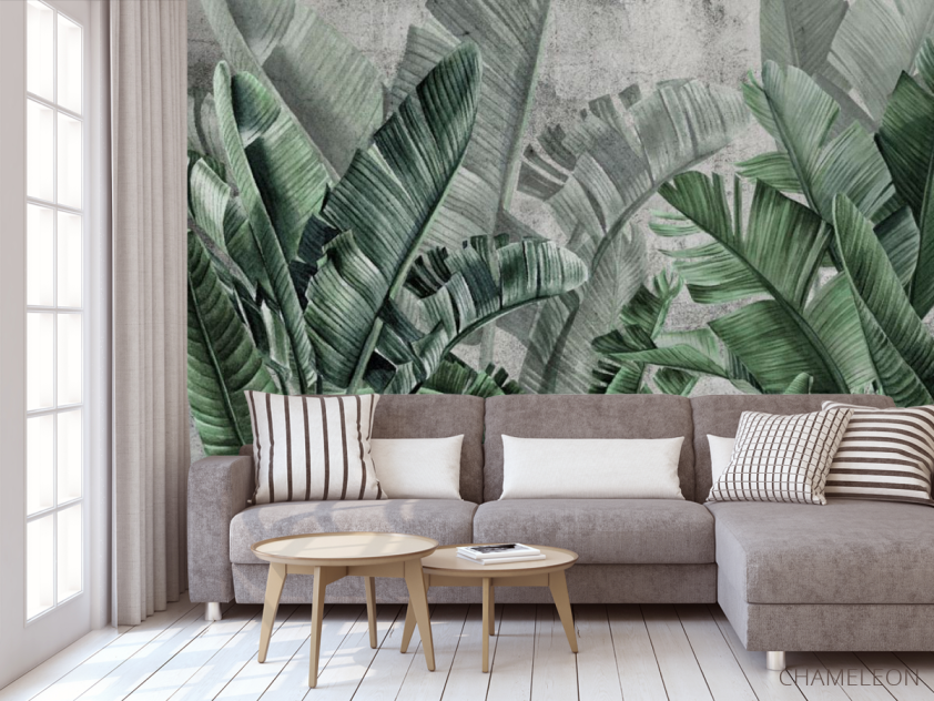 Фотообои Зеленые тропические листья на фоне бетона. - 3