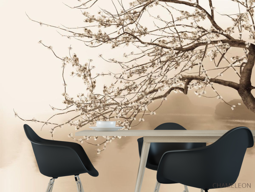 Фотошпалери на човні під квітучим деревом - 1