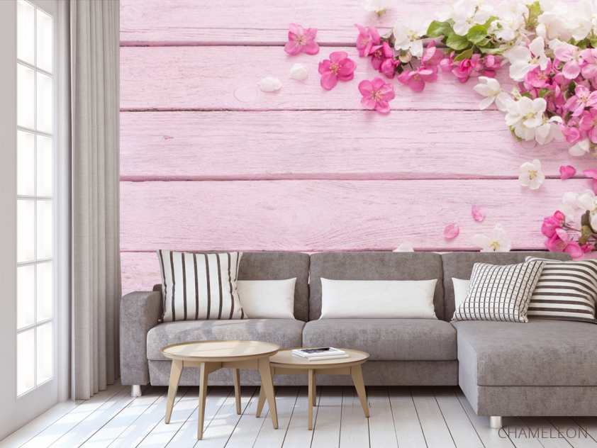 Фотообои белые и розовые лепестки на розовом деревянном фоне - 3