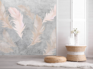 Фотошпалери рожеві пір'я на тлі бетону. - 2