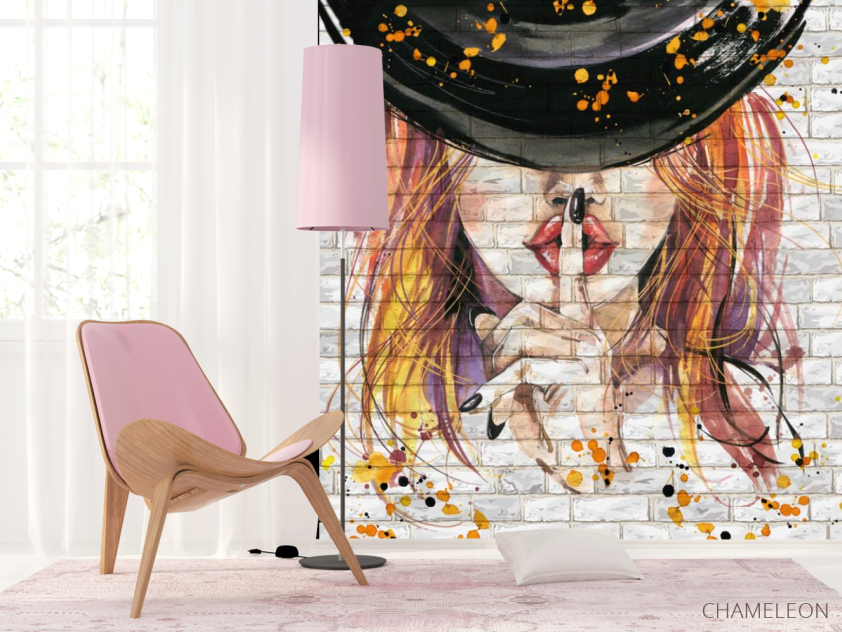 Фотошпалери дама в капелюсі, цегляна стіна - 4