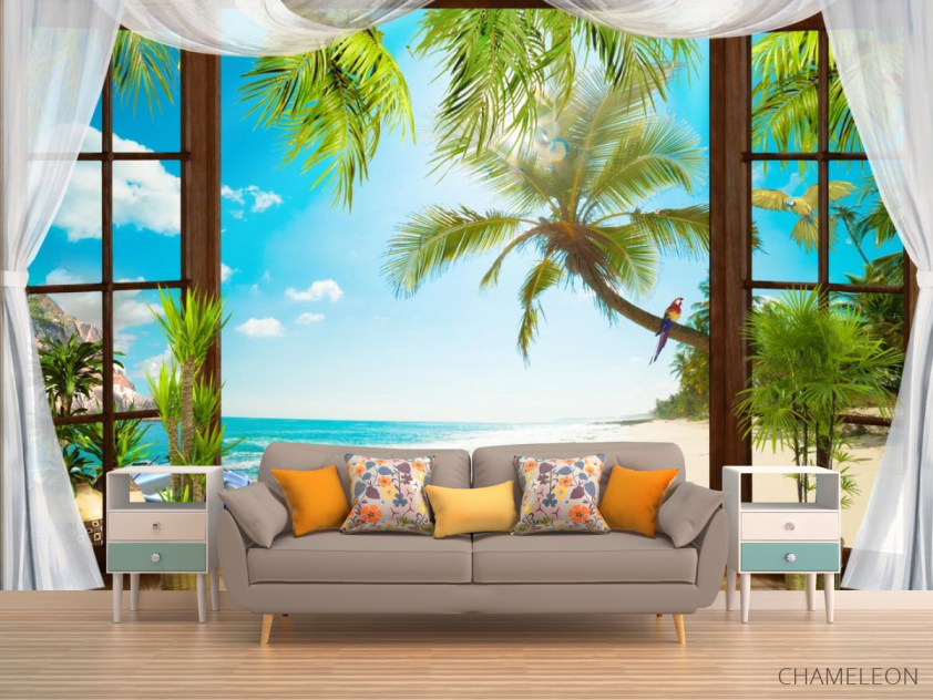 Фотообои Вид из окна на пальмы и море - 1