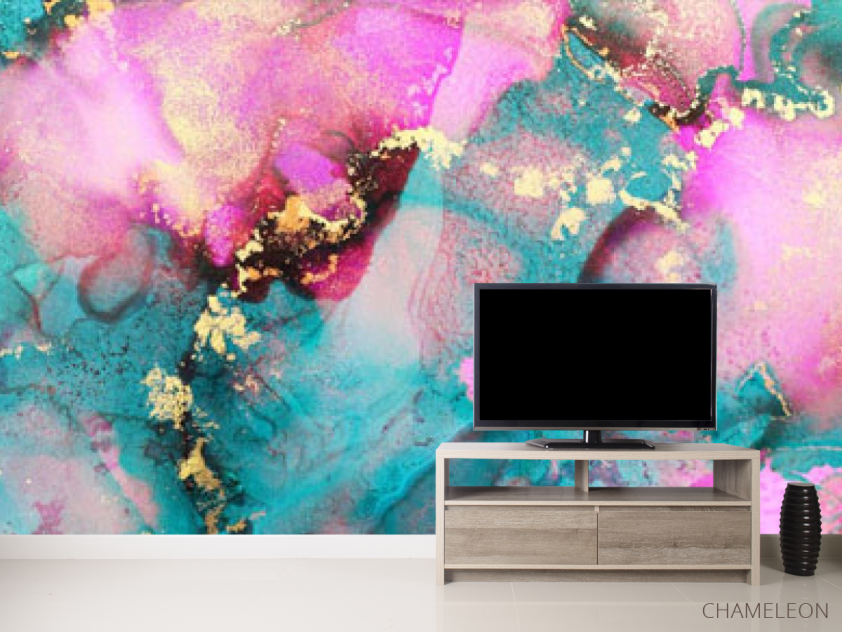 Фотообои Бирюзово-розовый флюид с золотом - 2