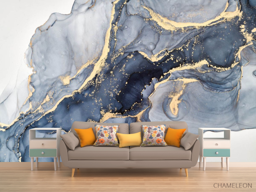 Фотообои Синий Fluid art с золотом - 1