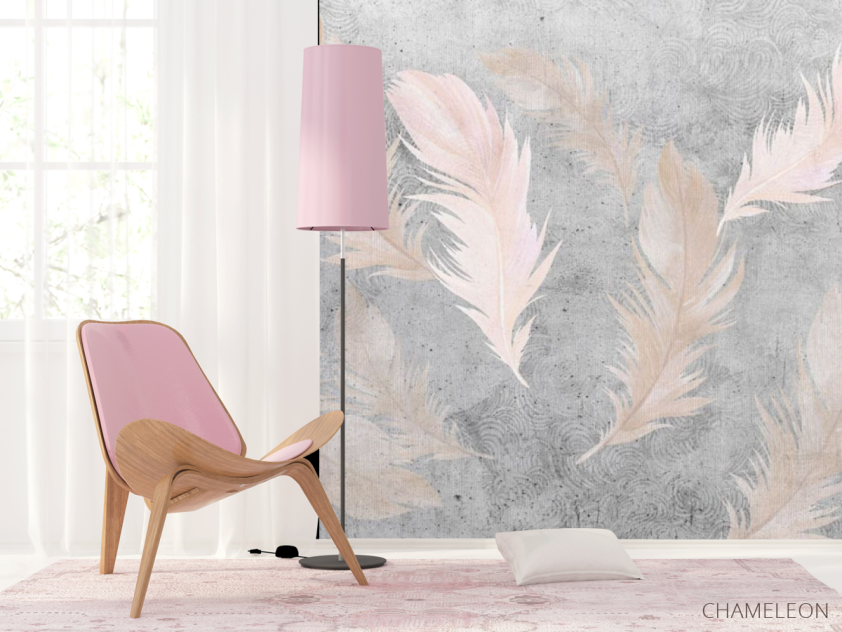 Фотошпалери рожеві пір'я на тлі бетону. - 4