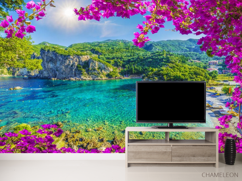 Фотообои вид на гавань через розовые ветки - 2