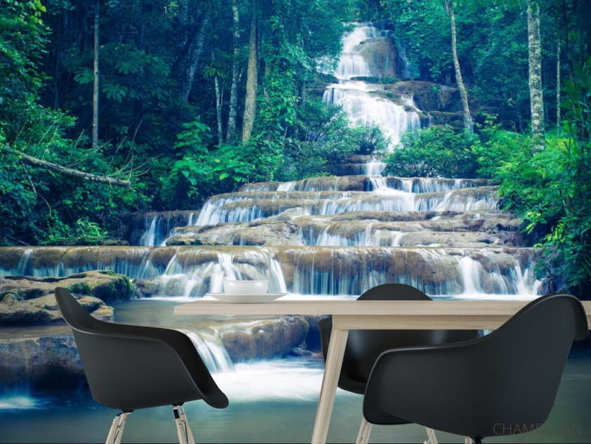 Фотошпалери ступінчастий водоспад у лісі - 1