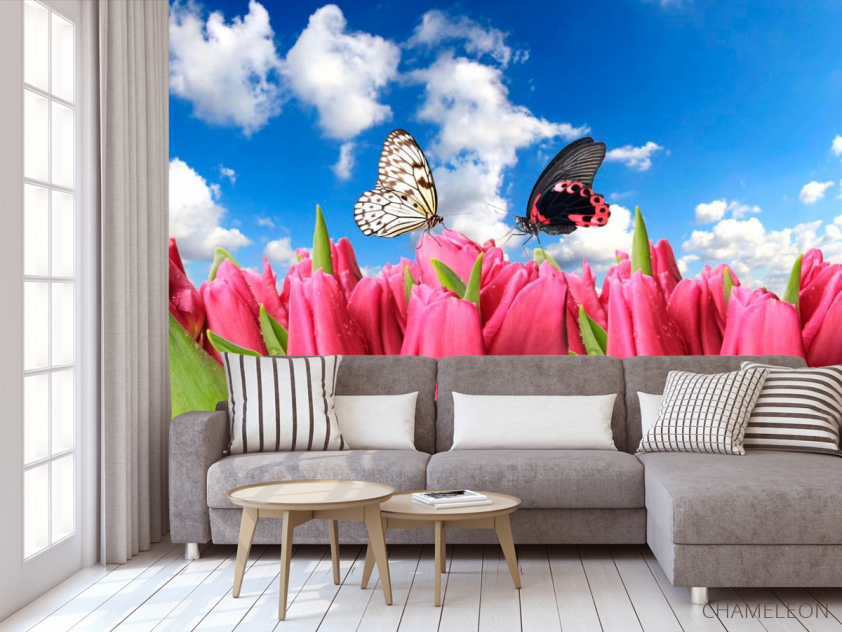 Фотообои Бабочки и розовые тюльпаны - 3