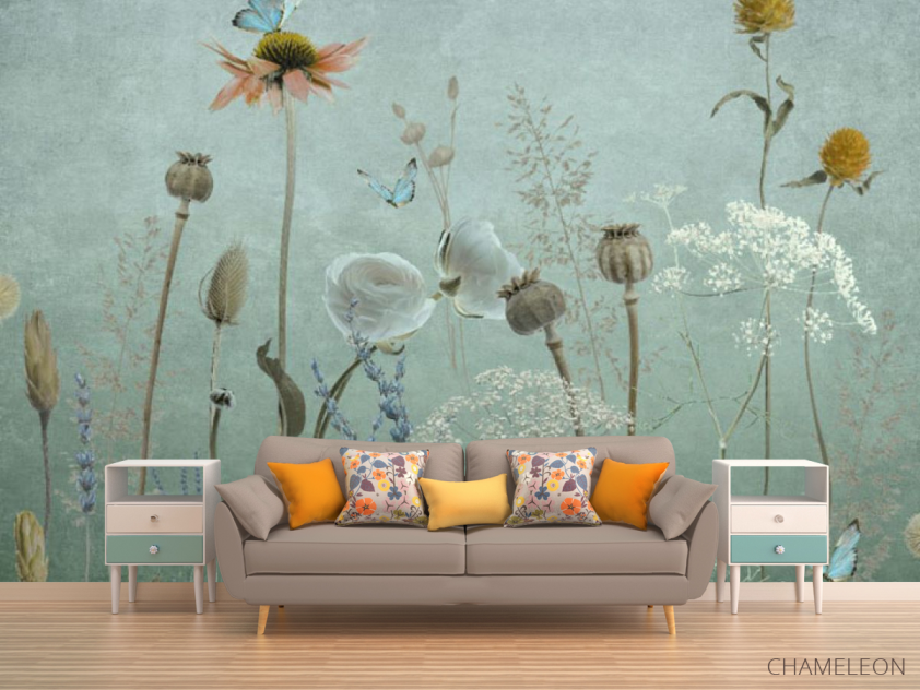 Фотообои Полевые дизайнерские цветы зеленые - 1