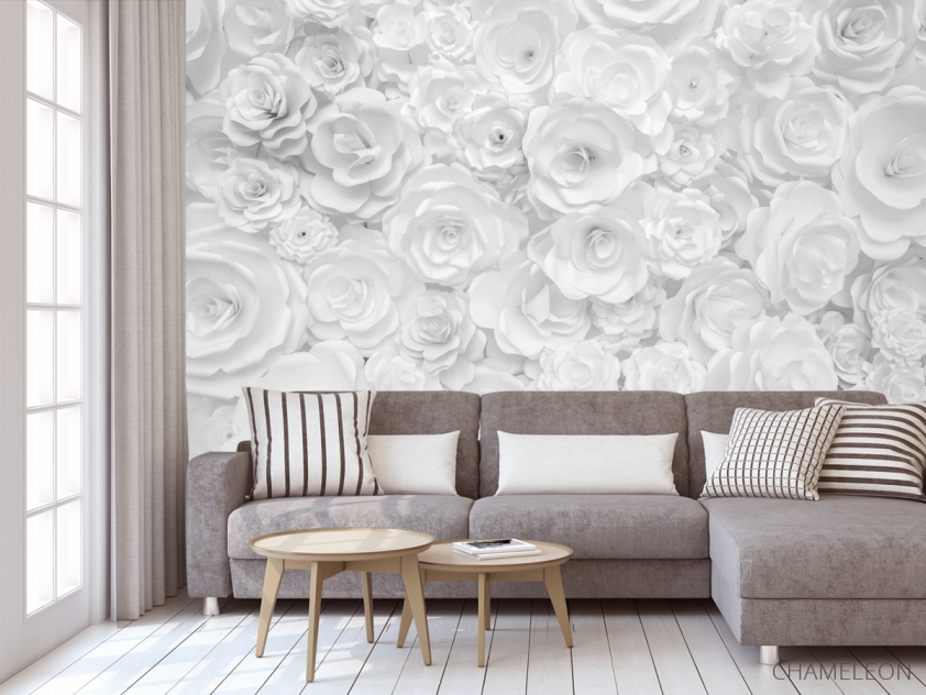 Фотообои Белая стена из бумажных цветов - 3