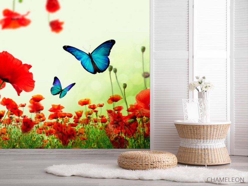 Фотошпалери Червоні маки з метеликами - 2
