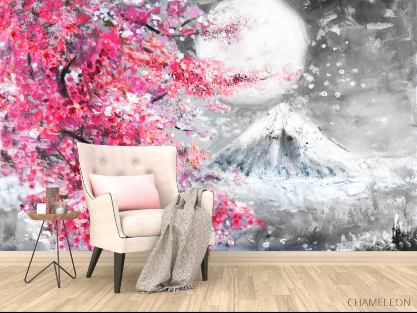 Фотообои картина белая луна над розовым деревом - 4