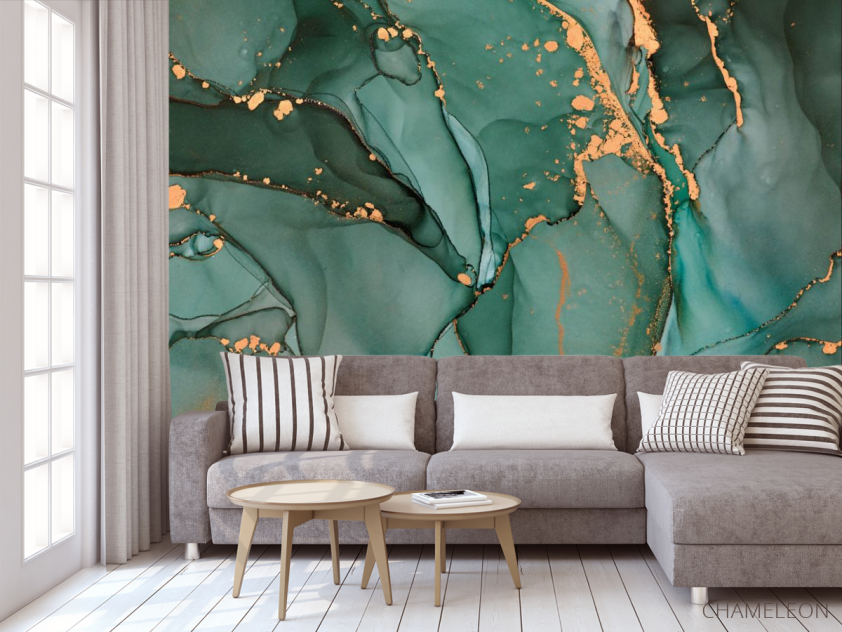 Фотообои бирюзовый флюид с золотом - 3