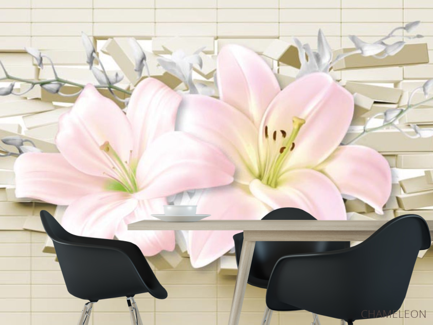 Фотошпалери Лілії 3д і цегла - 1