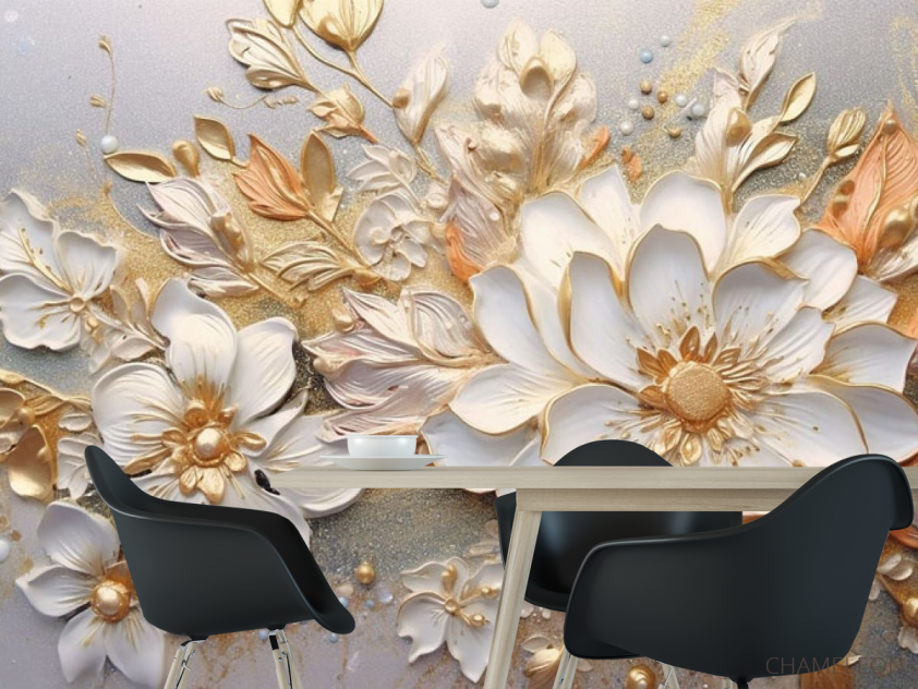 Фотошпалери 3Д квіти золоті - 1