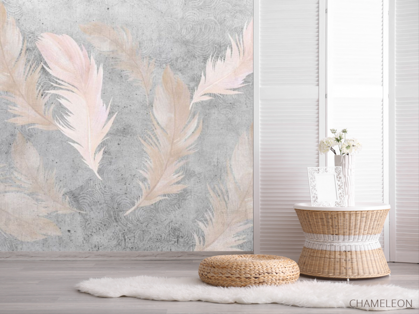 Фотошпалери рожеві пір'я на тлі бетону. - 2