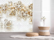 Фотошпалери Золоті квіти з лебедями - 2