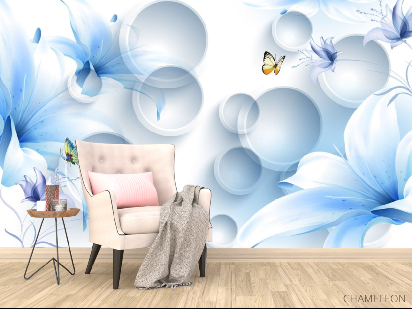 Фотообои  Синие цветы с бабочками - 4