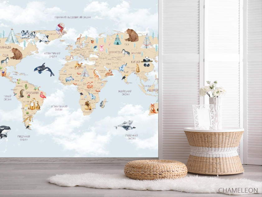 Фотошпалери карта дитяча з хмарками українською мовою в синьому кольорі. - 2