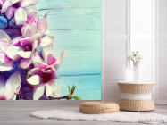 Фотошпалери квіти на блакитному дерев'яному тлі - 2