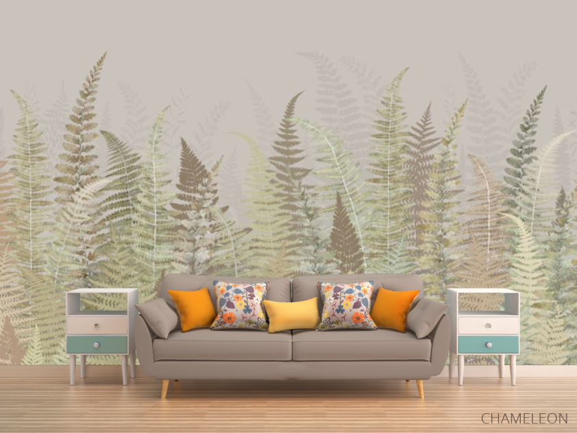 Фотообои Листья папоротнику зелено бежевый оттенок - 1