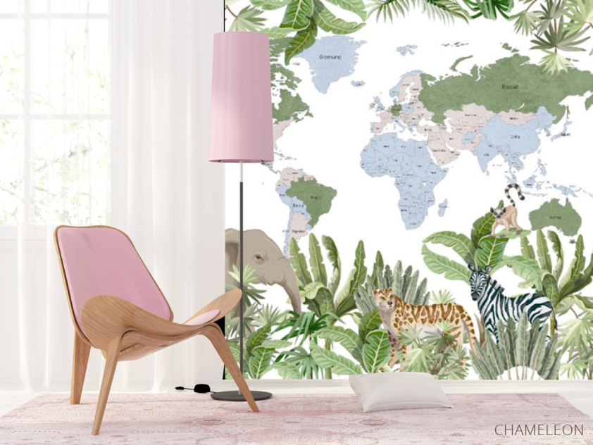 Фотошпалери карта дитяча з тропічним лісом і тваринами англійською - 4