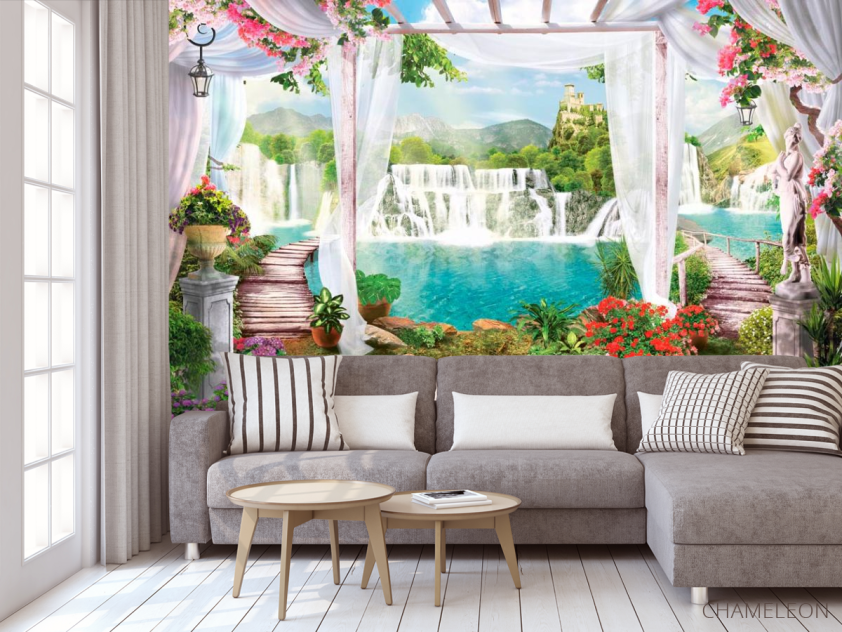 Фотообои Водопад, замок, цветы - 3