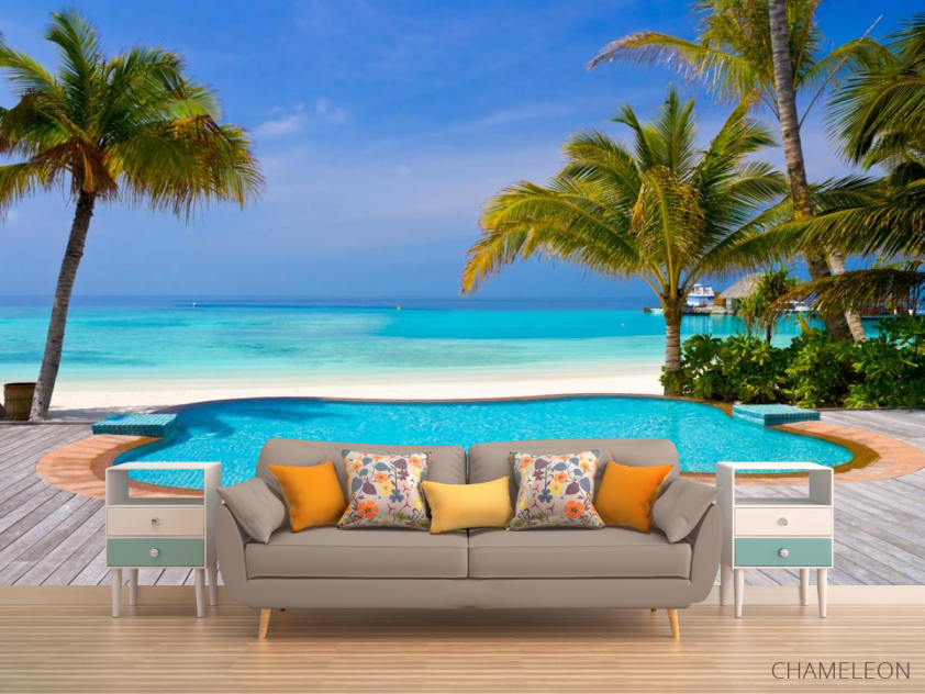 Фотообои Бассейн и пальмы на берегу моря - 1