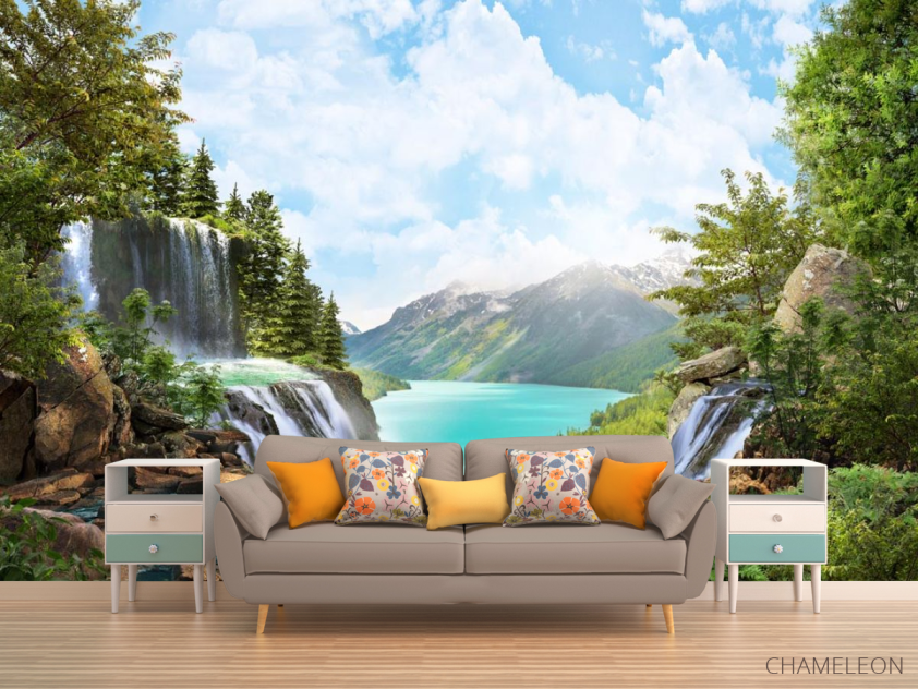 Фотообои водопад над озером в горах - 1