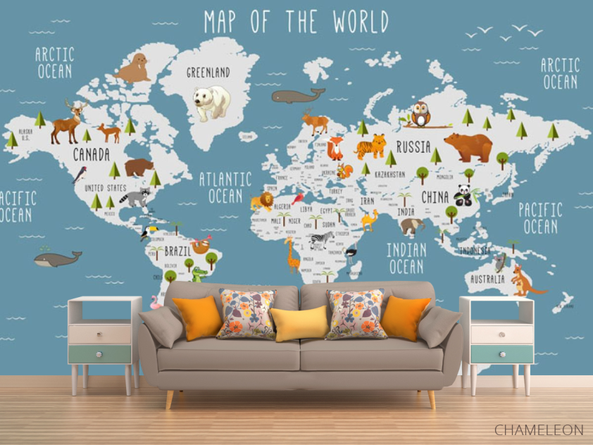 Фотообои Карта в бирюзовом оттенке для комнаты мальчика на английском - 1