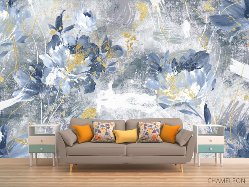 Фотообои Дизайнерские цветы с золотом синие. - 1