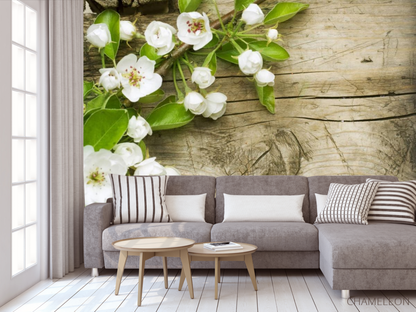 Фотообои белые цветоки на деревянно фоне - 3