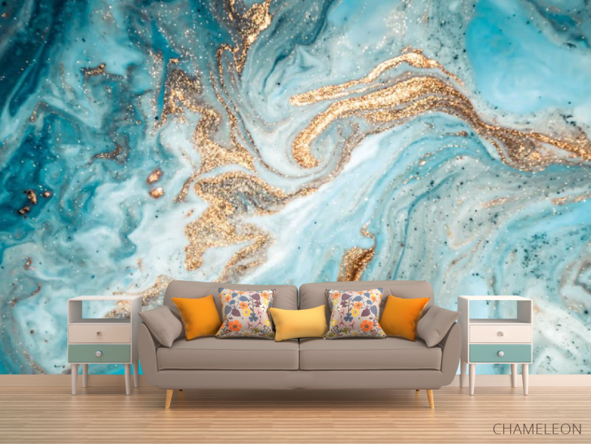 Фотообои Голубой fluid art с золотом - 1