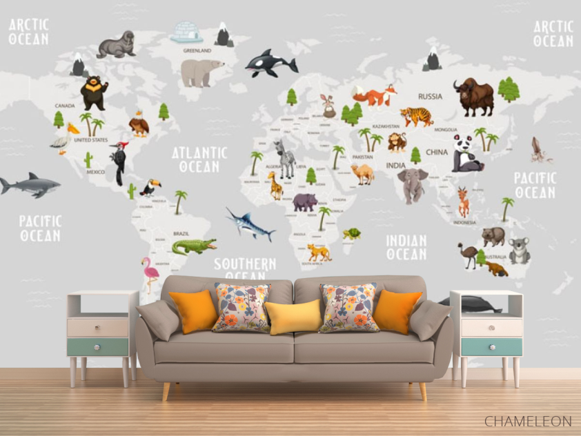 Фотообои Серая карта с животными на английском - 1