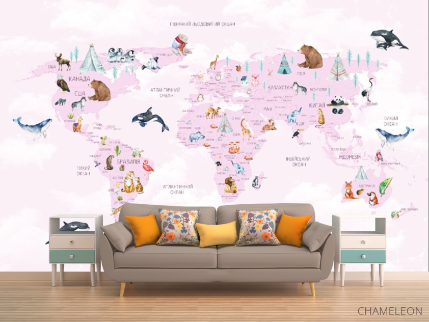 Фотообои Карта детская с облачками на украинском языке в розовом цвете. - 1