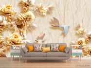 Фотообои Стеоскопические цветы и голуби - 1