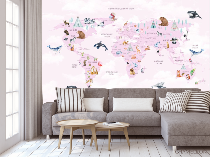 Фотообои Карта детская с облачками на украинском языке в розовом цвете. - 3