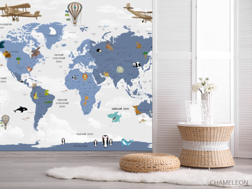 Фотошпалери Карта Дитяча на українському сині континенти - 2