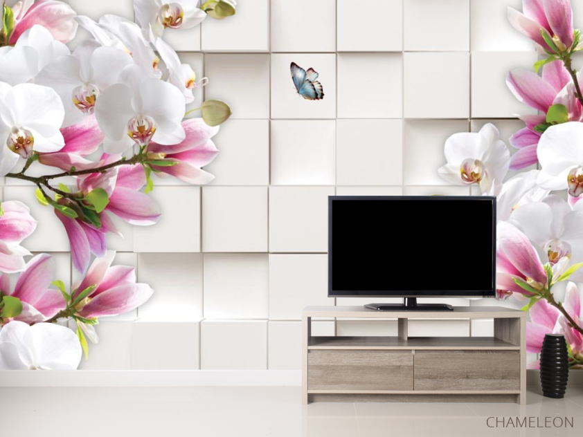 Фотообои Магнолии на фоне 3д квадратов - 2