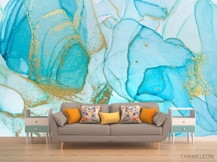 Фотообои Голубой fluid art с золотом - 1