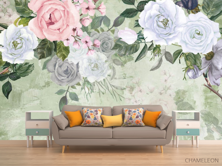 Фотообои Акварельные цветы на зелёном фоне - 1