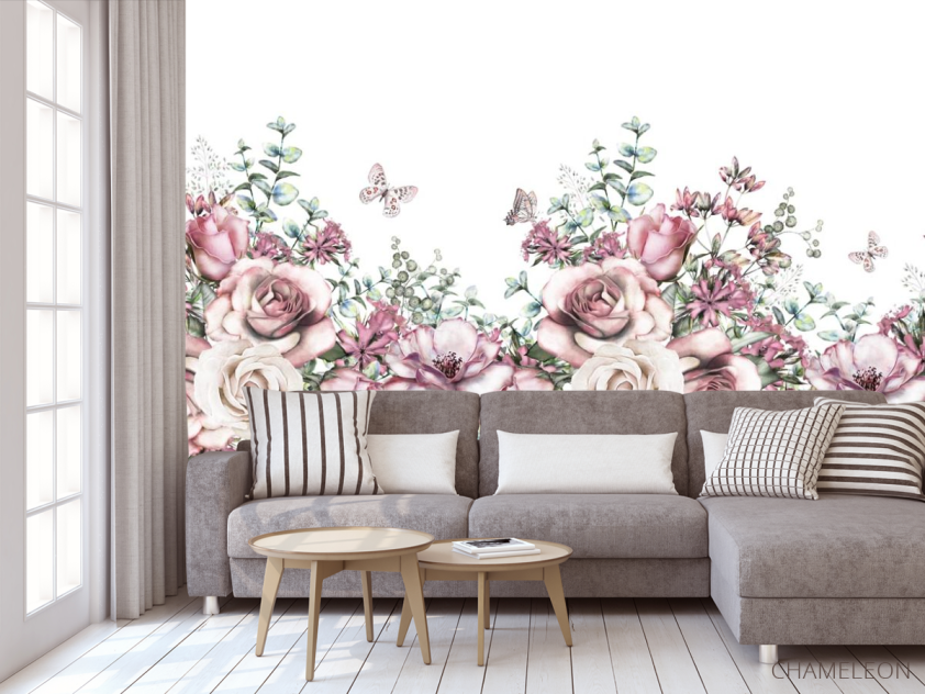 Фотообои розовые акварельные розы на белом фоне - 3